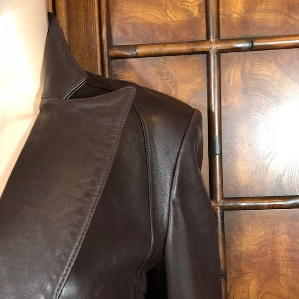 Anne Klein Genuine Lambskin Leather Couture Cocoa Wide Lapel Blazer - Picture 7 of 13